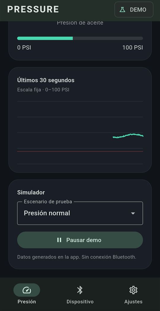 App screen with a 30 second pressure graph and a simulator panel with a test scenario selector.