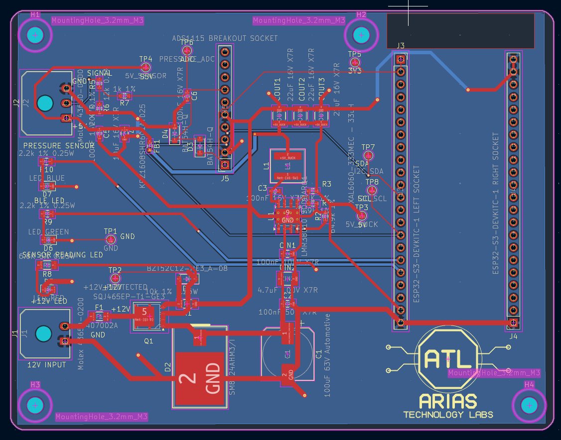 KiCad PCB layout with copper traces, test points, mounting holes and the Arias Technology Labs logo.