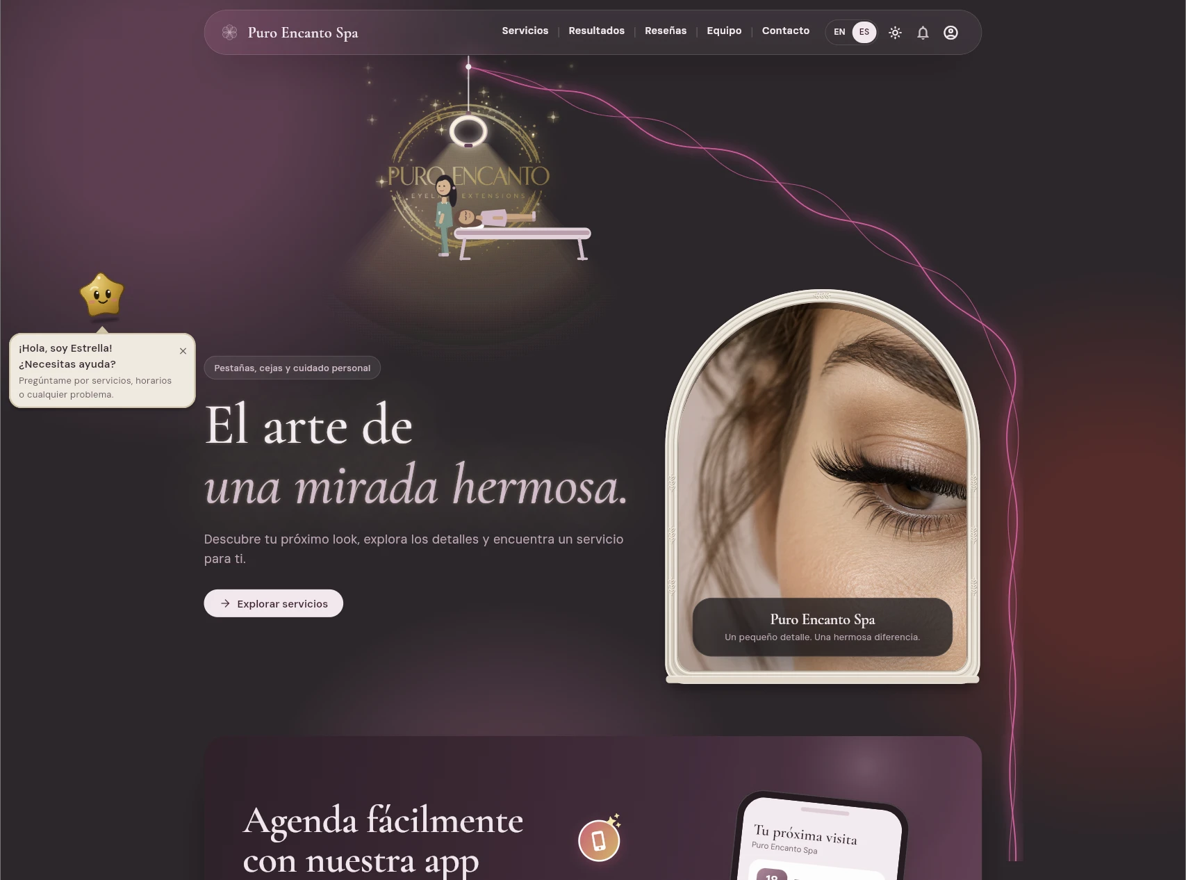 Client-facing studio website with a hero section, an Estrella assistant bubble and a booking call to action.