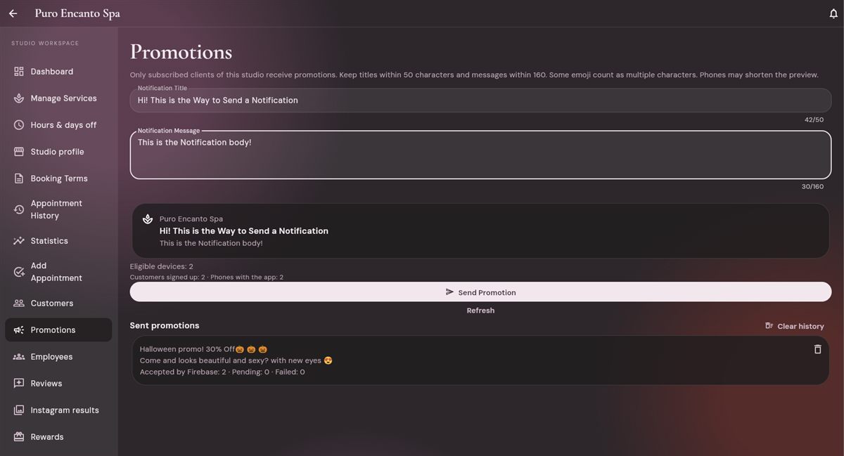Owner workspace for writing and sending push promotions to subscribed clients, with a notification preview and sent history.